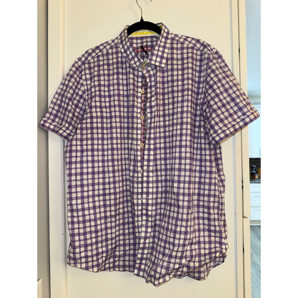 Robert Graham Mens XL Tailored Fit Purple Gingham Floral Short Sleeve Shirt